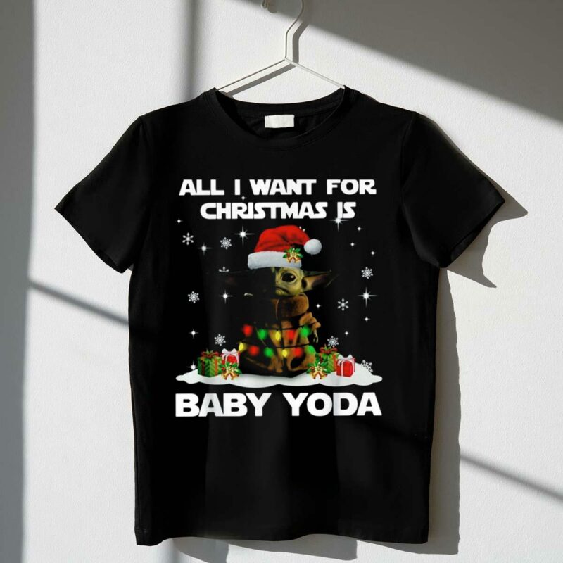 all i want for christmas is baby yoda star wars santa hat snowflakes gifts t shirt t shirt 1 1