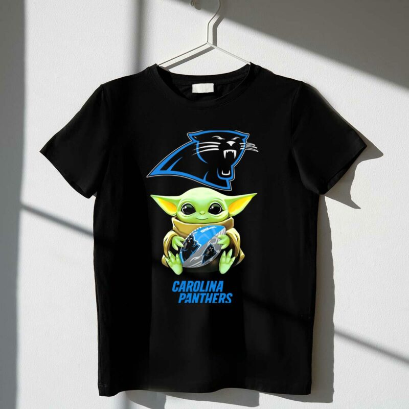 baby yoda hugging carolina panthers football star wars t shirt t shirt 1 1