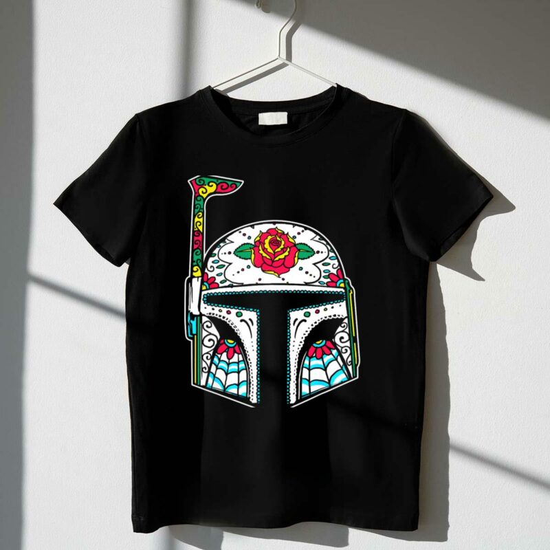 boba fett mandalorian sugar skull star wars rose decorated helmet t shirt t shirt 1 1