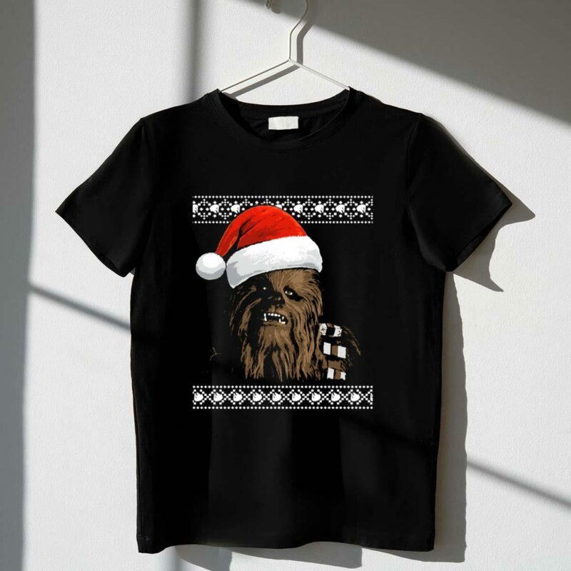 chewbacca in santa hat star wars holiday t shirt t shirt 1 1