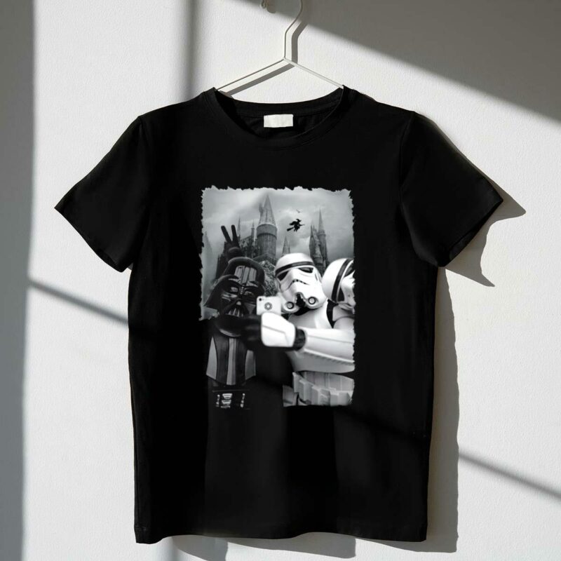 hogwarts selfie with darth vader and stormtroopers star wars crossover t shirt t shirt 1 1