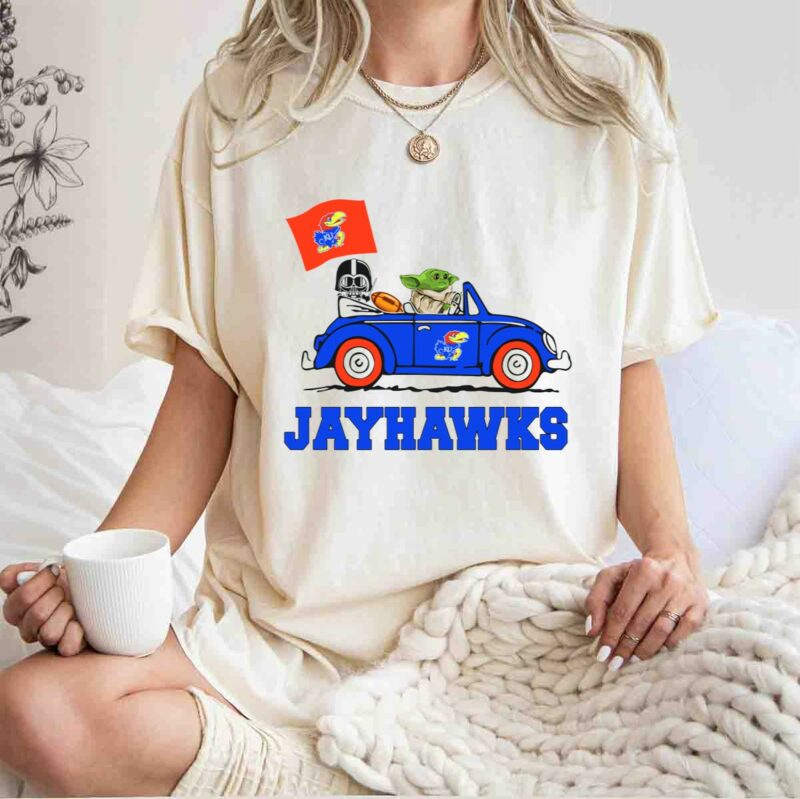kansas jayhawks darth vader baby yoda driving with flag star wars football t shirt t shirt 1 1