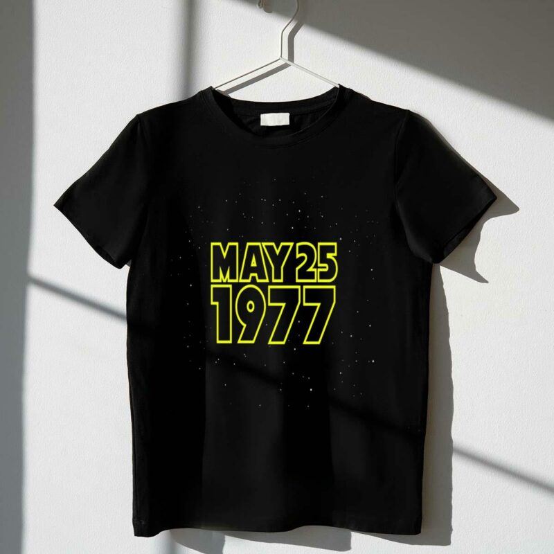 may 25 1977 star wars premiere iconic yellow text on starry background t shirt t shirt 1 1