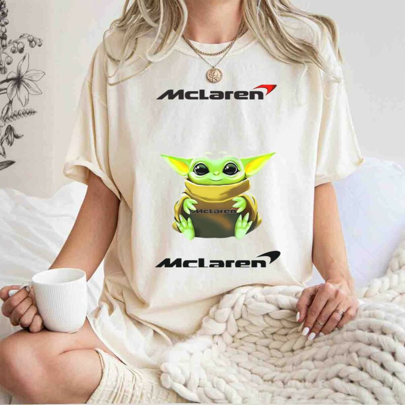 mclaren logo with star wars the mandalorian baby yoda hugging t shirt t shirt 1 1