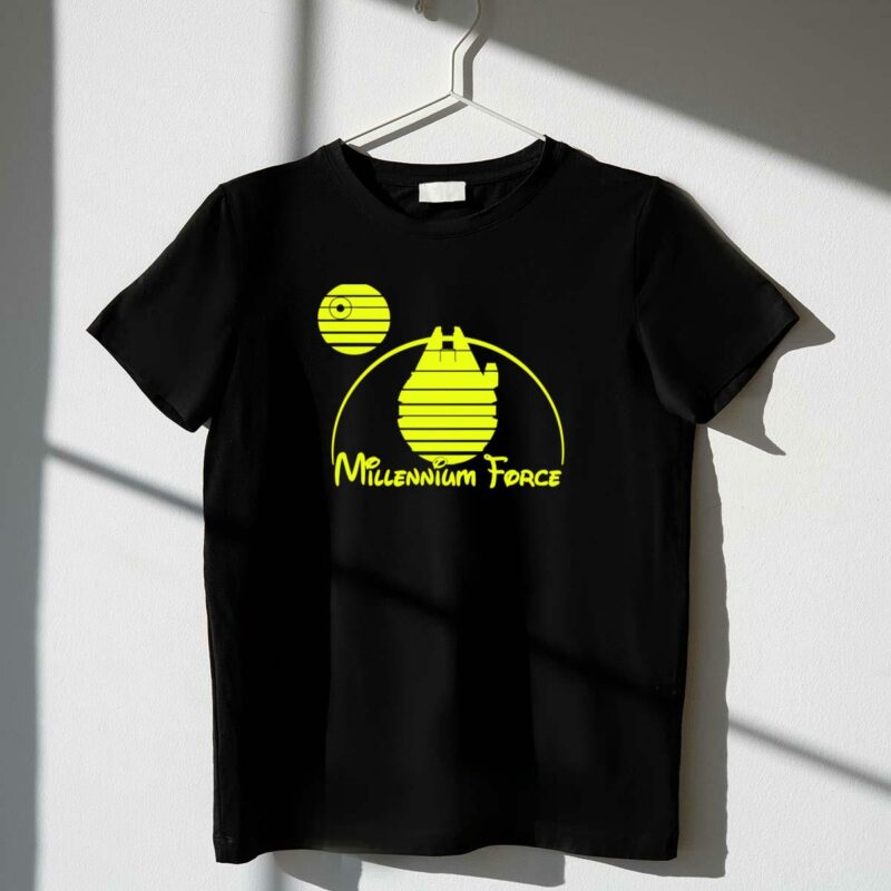 millennium force star wars parody with death star and millennium falcon t shirt t shirt 1 1