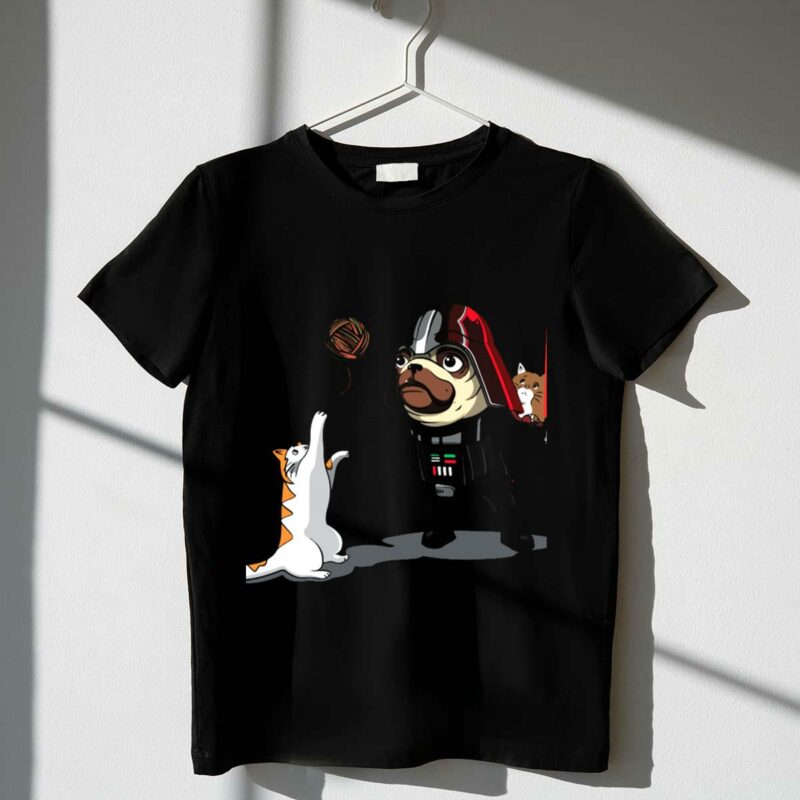 pug vader with lightsaber and cats playing with yarn star wars t shirt t shirt 1 1