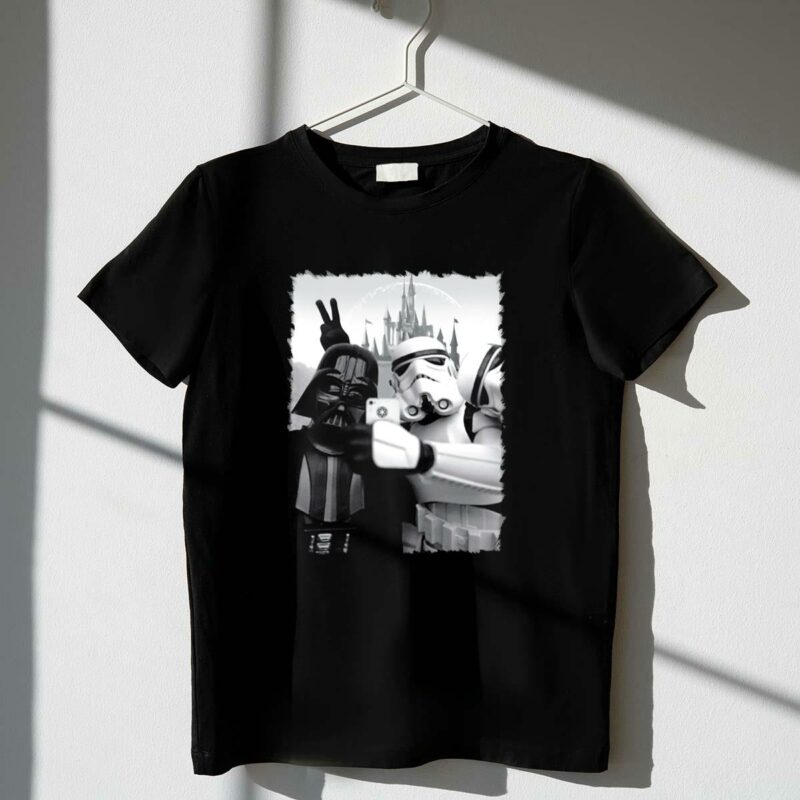 selfie in disneyworld darth vader star wars stormtrooper peace sign castle t shirt t shirt 1 1