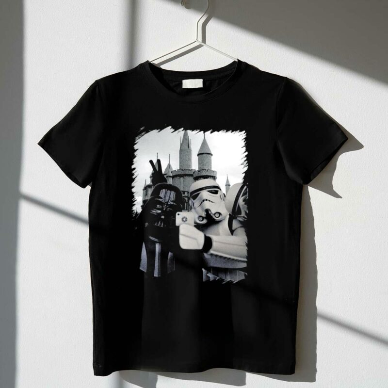 selfie with darth vader and stormtroopers at disneyland castle star wars t shirt t shirt 1 1