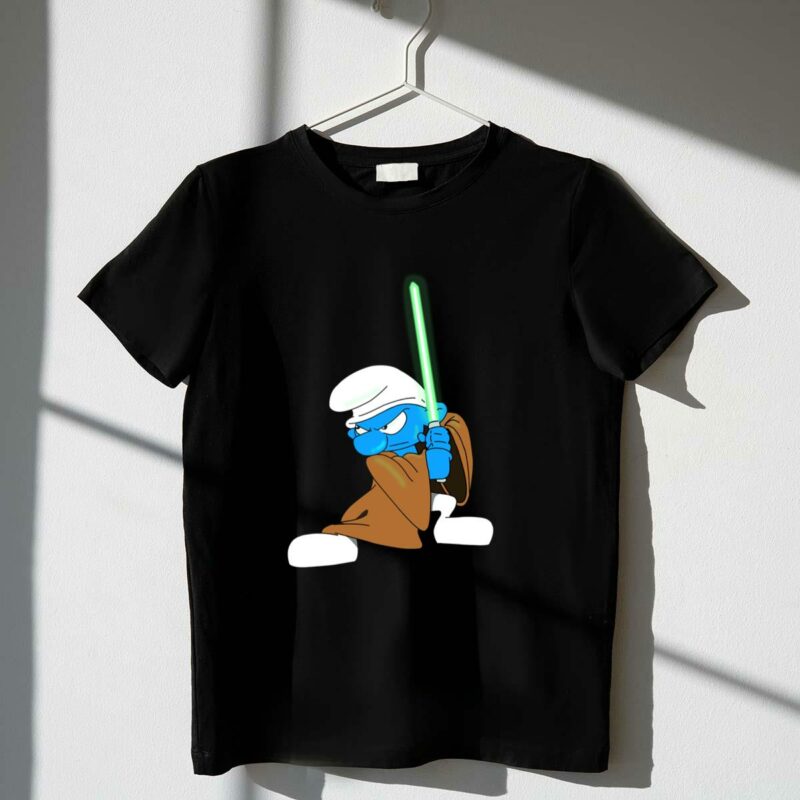 smurf jedi with green lightsaber in star wars inspired crossover t shirt t shirt 1 1
