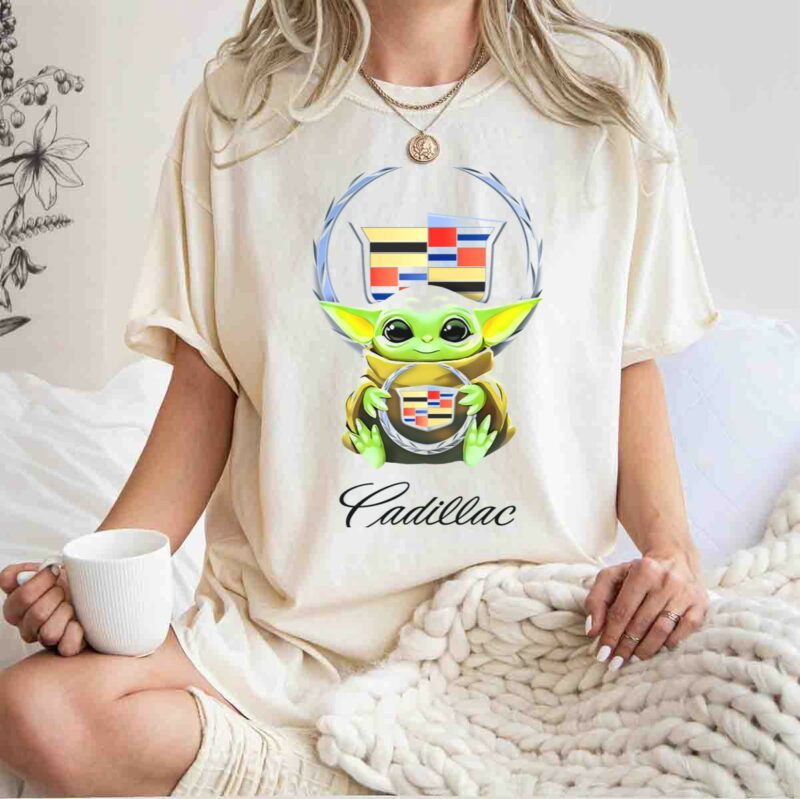 star wars baby yoda holding cadillac emblem badge hugging t shirt t shirt 1 1