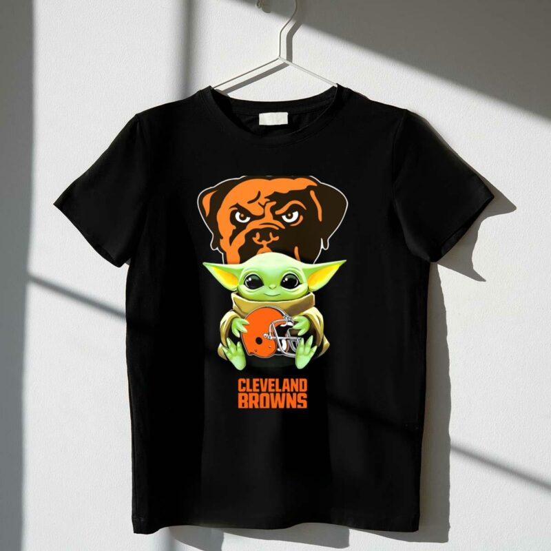 star wars baby yoda holding cleveland browns football helmet with dawg pound t shirt t shirt 1 1