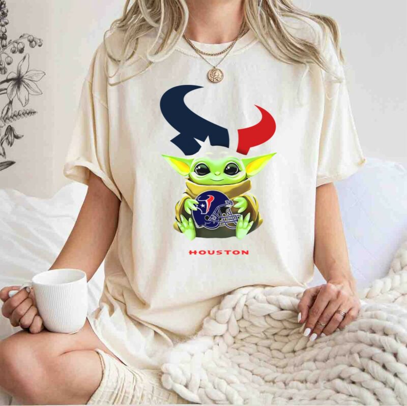 star wars baby yoda holding houston texans helmet with logo on white t shirt t shirt 1 1
