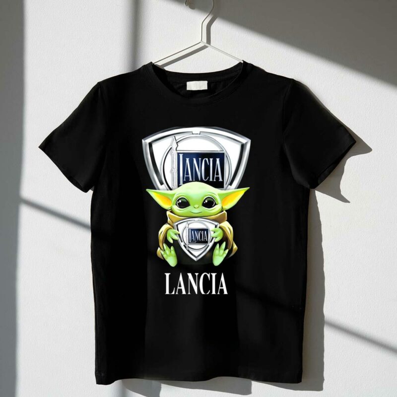 star wars baby yoda holding lancia logo iconic mashup t shirt t shirt 1 1