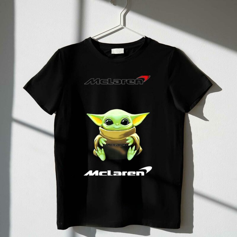 star wars baby yoda holding mclaren logo with dual mclaren texts t shirt t shirt 1 1