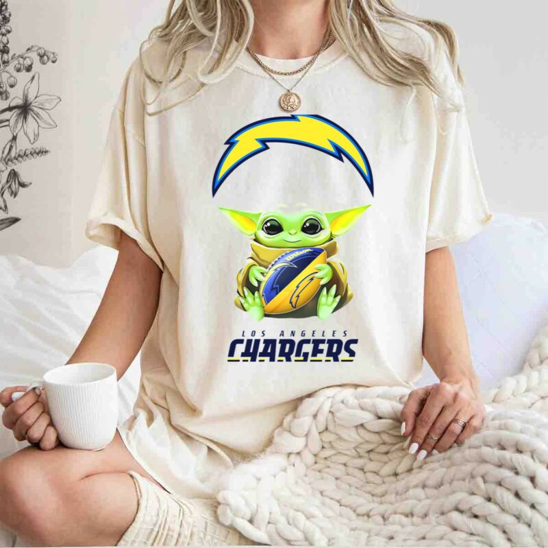 star wars baby yoda los angeles chargers football hug white t shirt t shirt 1 1