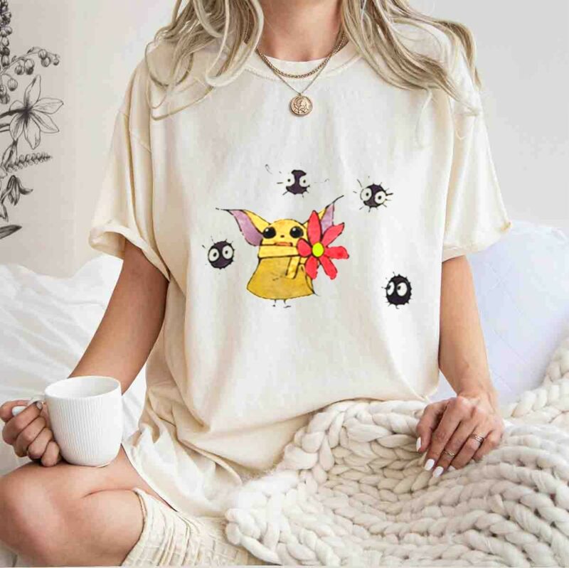 star wars baby yoda with flower and ghibli soot sprites t shirt t shirt 1 1