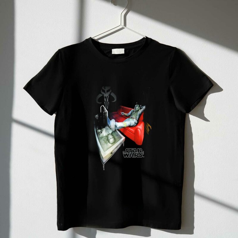 star wars boba fett relaxing on couch with han solo in carbonite t shirt t shirt 1 1