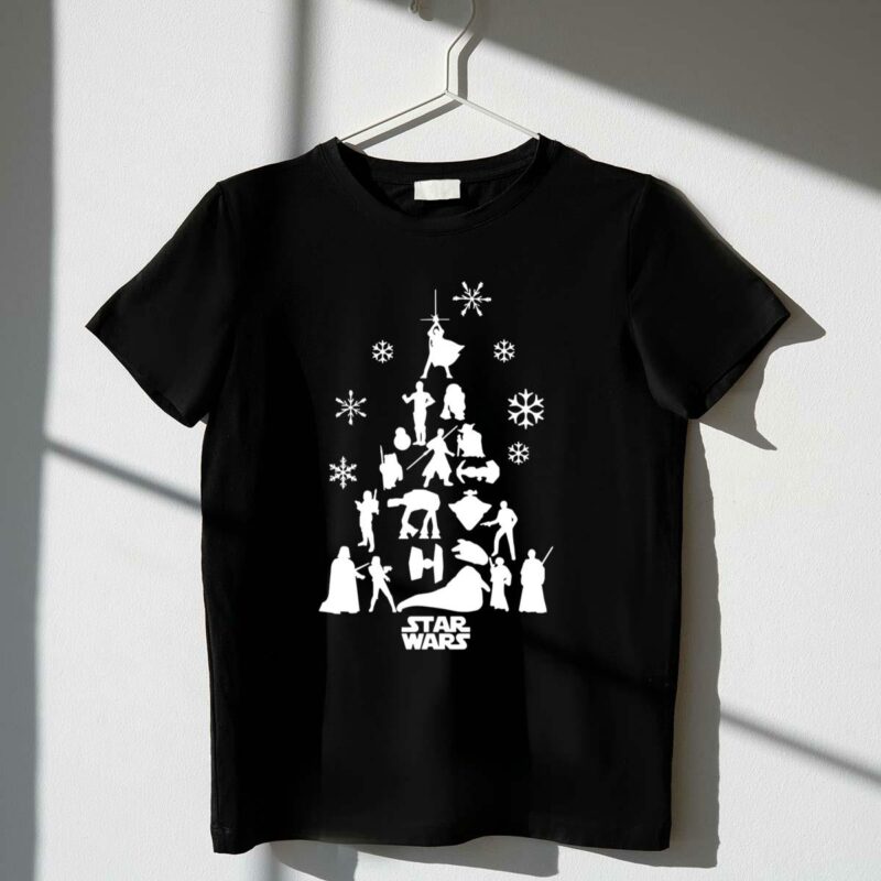star wars christmas tree silhouettes featuring characters and snowflakes t shirt t shirt 1 1