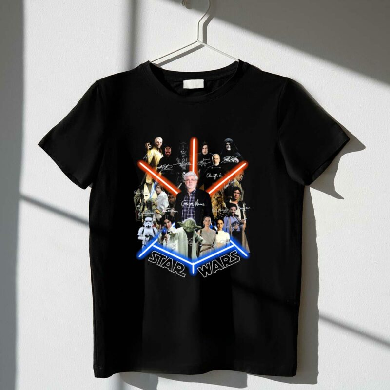star wars george lucas and iconic character collage with signatures t shirt t shirt 1 1