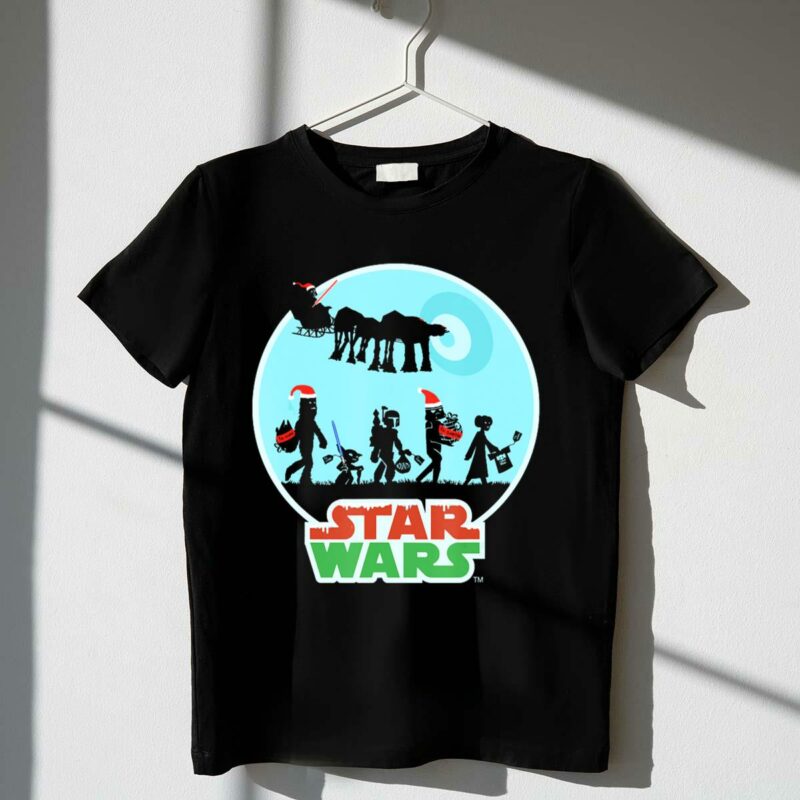 star wars holiday characters with santa hats and death star t shirt t shirt 1 1