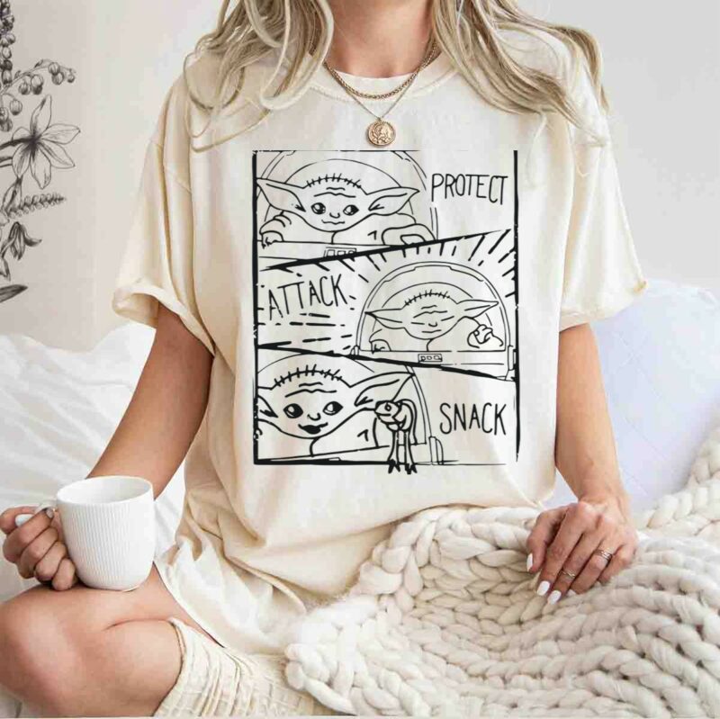 star wars mandalorian baby yoda the child protect attack snack comic strip t shirt t shirt 1 1