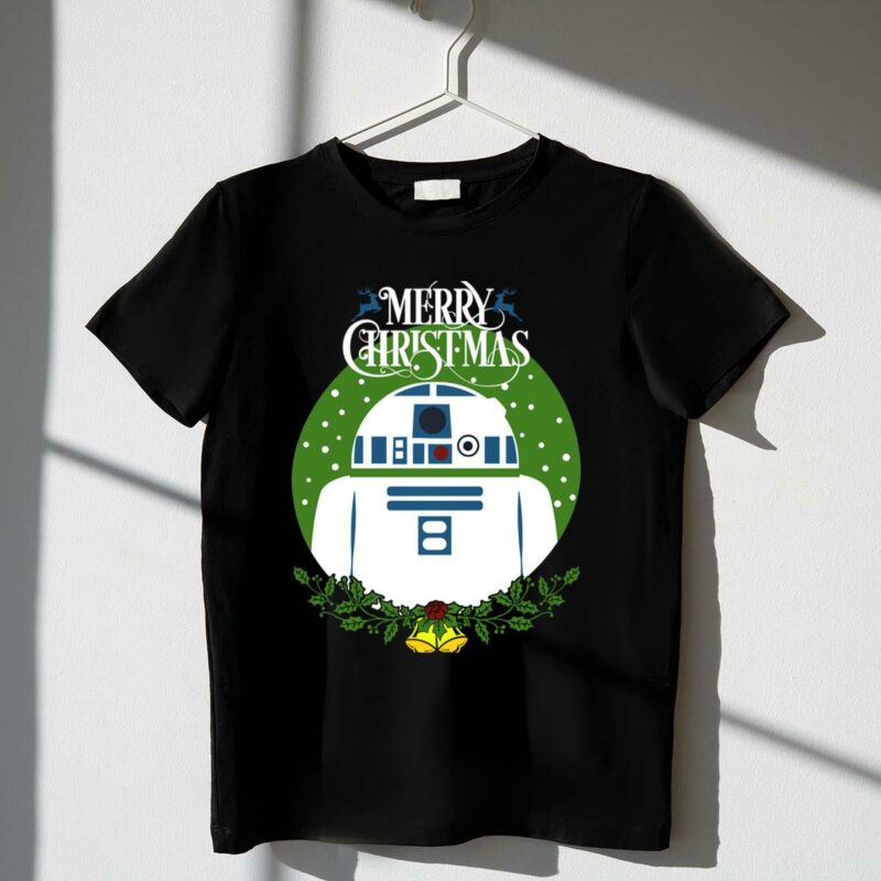 star wars r2 d2 merry christmas wreath with bells and holly t shirt t shirt 1 1