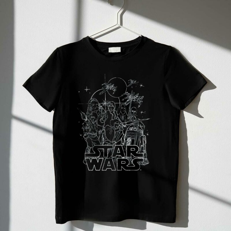 star wars rebel lines vintage sketch characters and spaceships classic scene t shirt t shirt 1 1