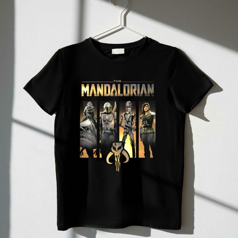 star wars the mandalorian character line up with mythosaur skull emblem t shirt t shirt 1 1