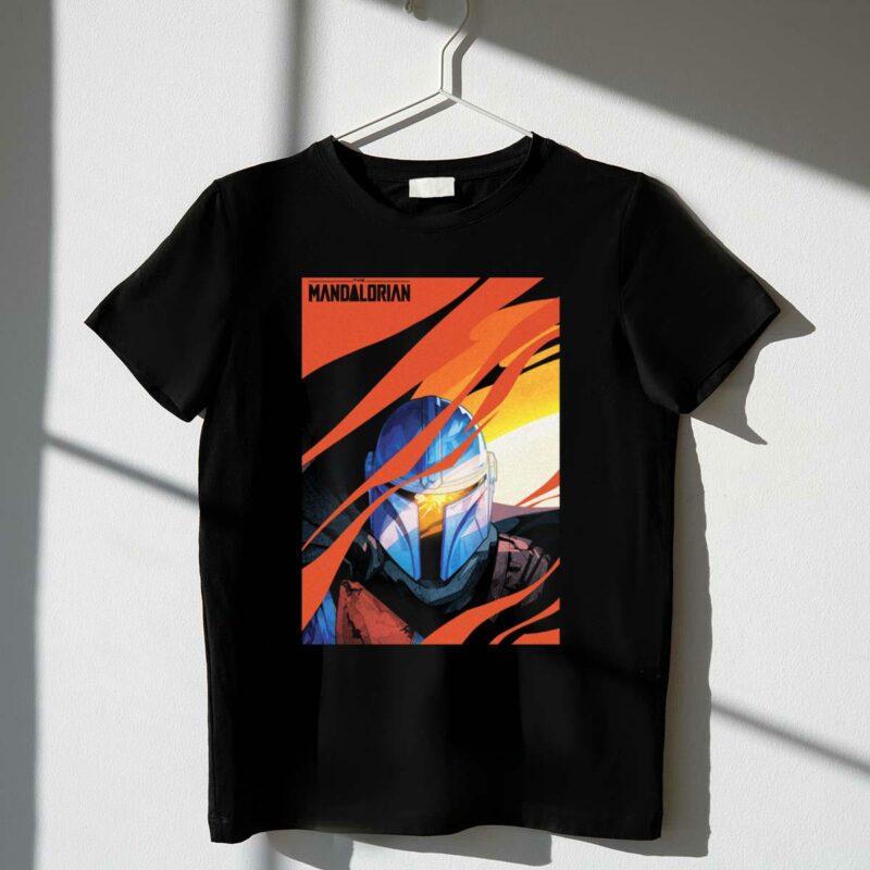 star wars the mandalorian helmet with red and orange abstract waves t shirt t shirt 1 1