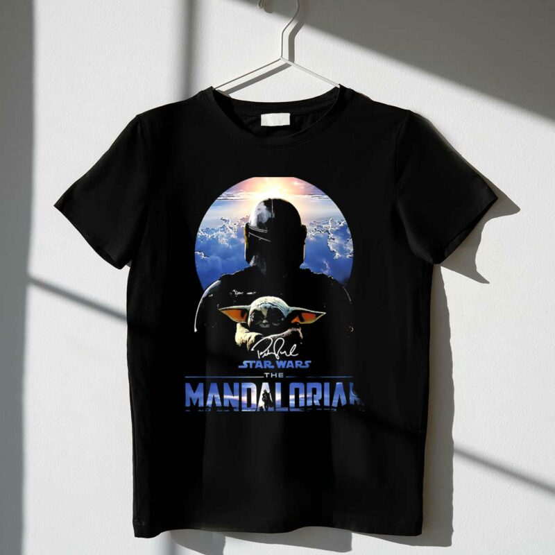 star wars the mandalorian mando and grogu signature sky background t shirt t shirt 1 1