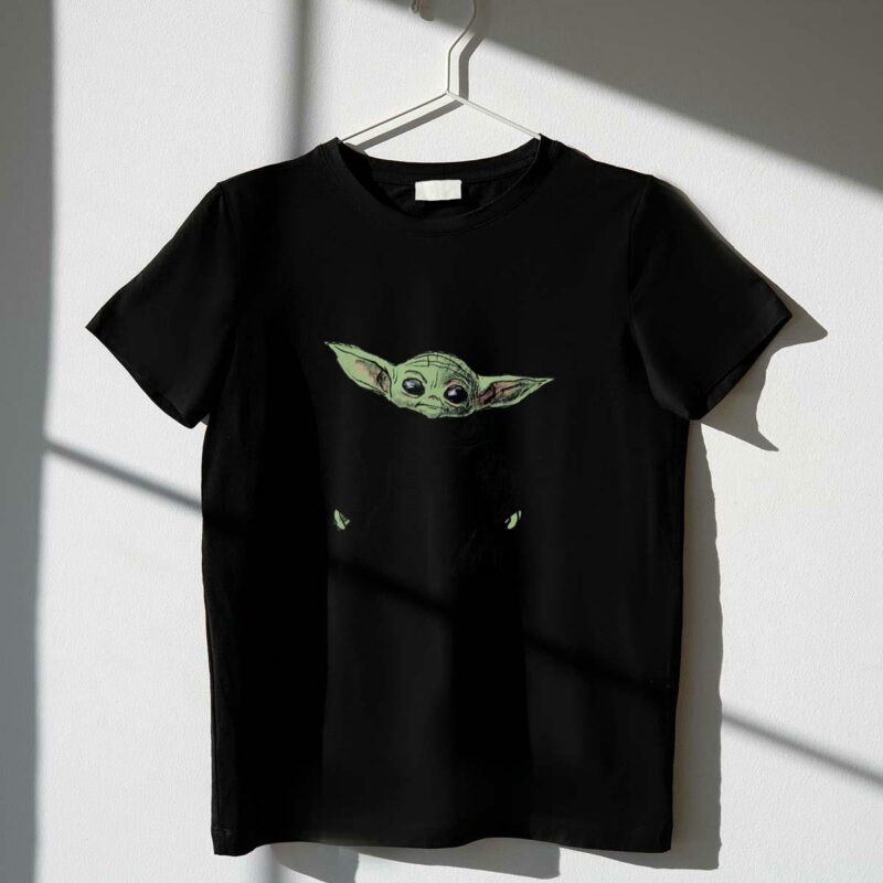 star wars the mandalorian the child grogu in cute black robe t shirt t shirt 1 1