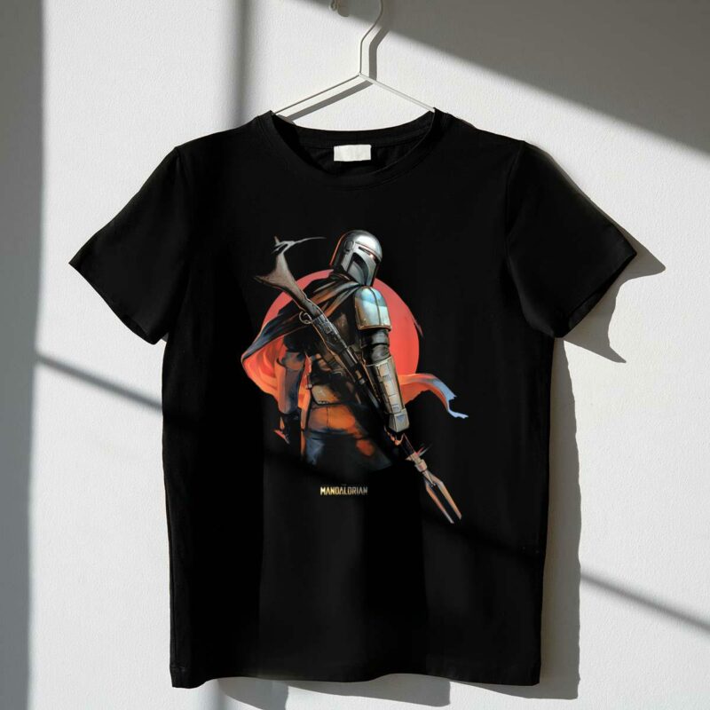 star wars the mandalorian warrior with blaster in front of red circle t shirt t shirt 1 1