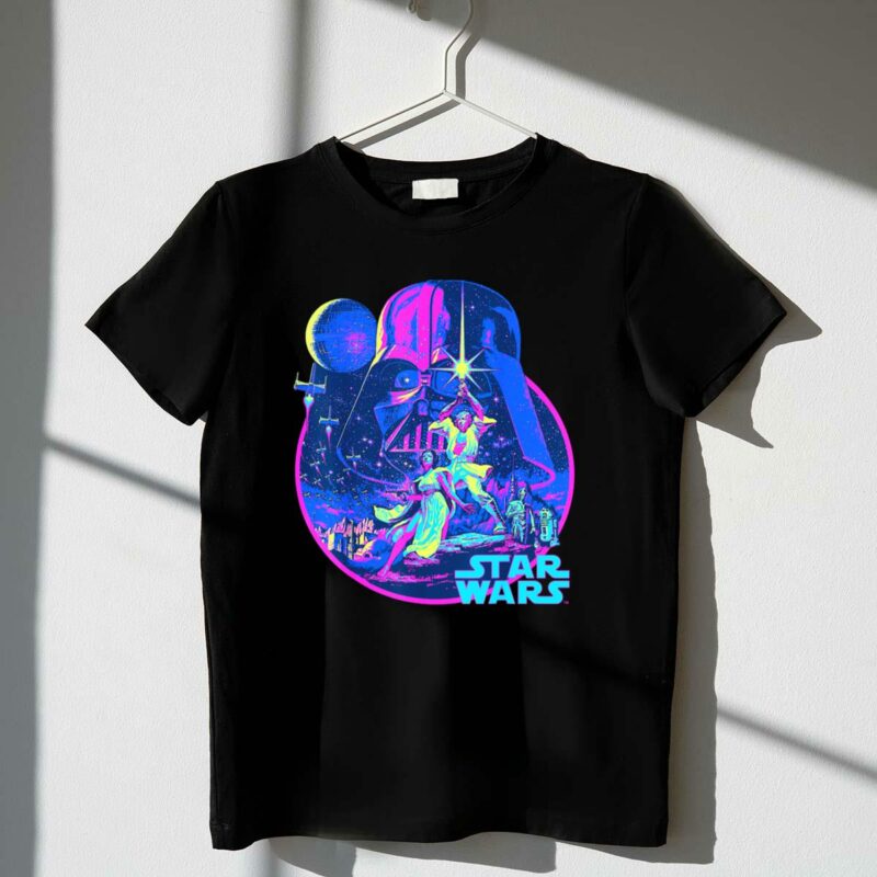 star wars vibrant neon vader luke leia retro scene t shirt t shirt 1 1