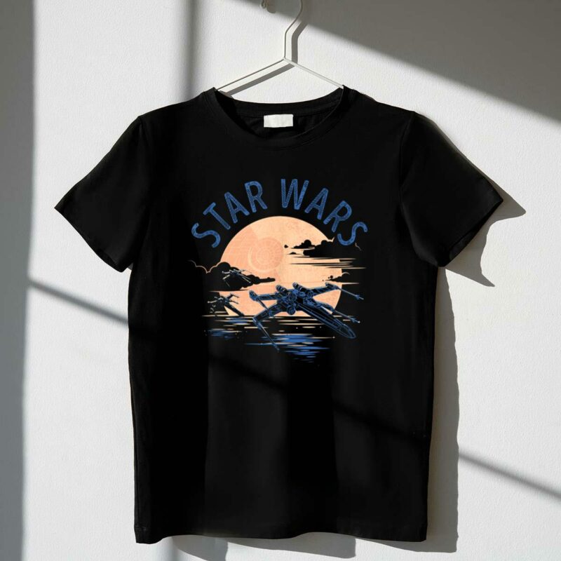 star wars x wing fighters flying at sunset with death star in background t shirt t shirt 1 1