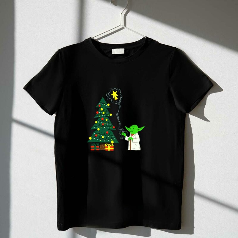 star wars yoda uses force to decorate christmas tree with star t shirt t shirt 1 1