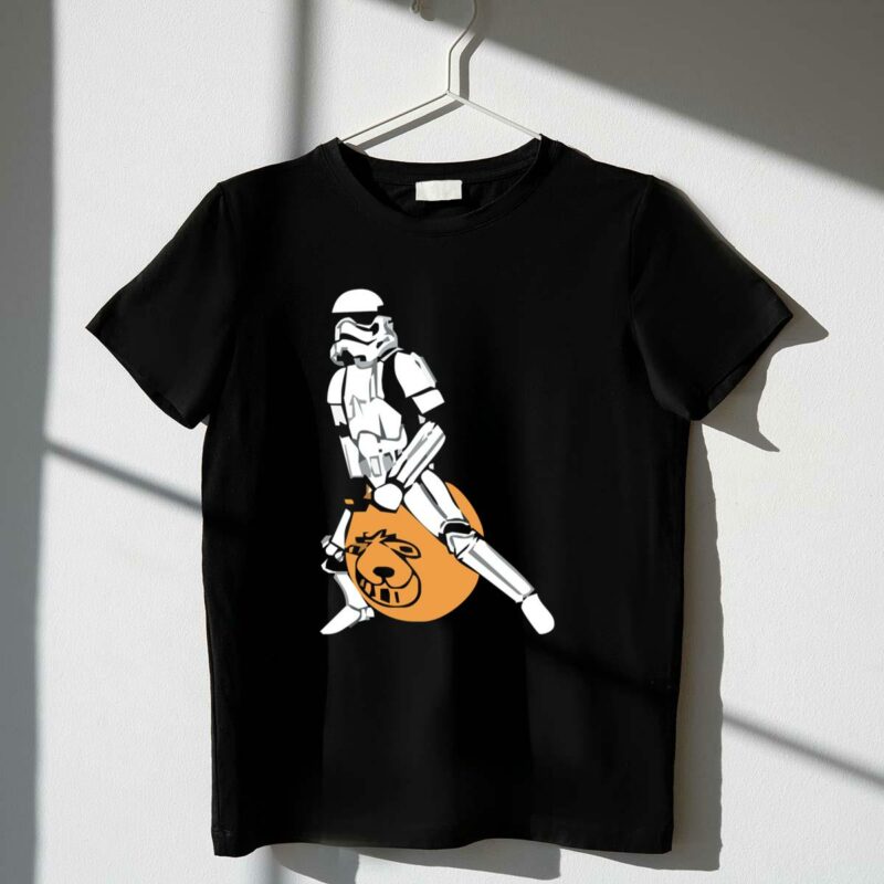 stormtrooper riding orange spacehopper in star wars crossover t shirt t shirt 1 1
